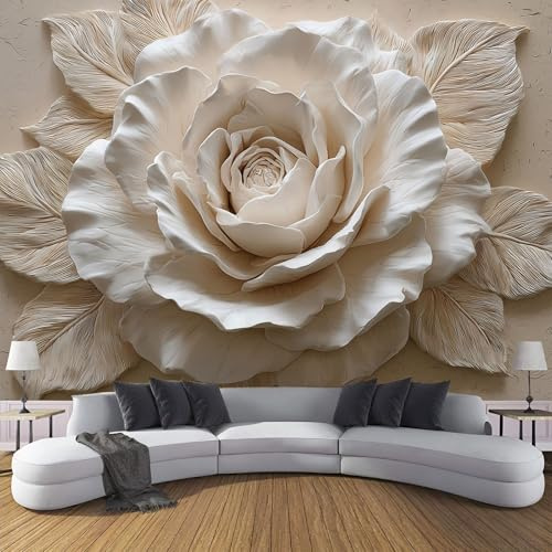 Fototapete Geprägte weiße Rose 300x210cm Foto Tapete XXL Keramikskulptur Wandtapete Motivtapeten Bildtapete 3d Effekt Wand Dekoration für Schlafzimmer Wohnzimmer Korridor, Hellbeige
