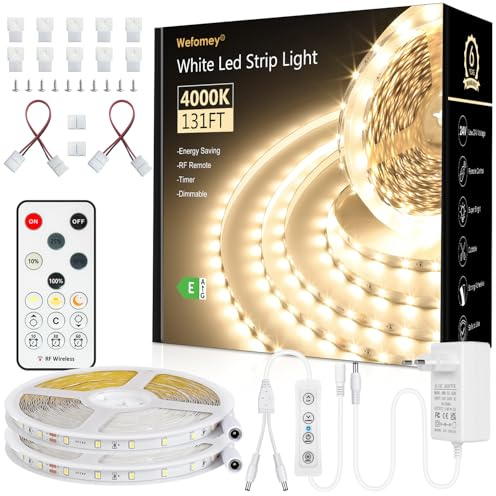 Wefomey LED Strip 40M, LED Streifen Naturweiß 4000K, 24V Selbstklebend Weiß Flexible DIY LED Lichtband Set, Timerfunktion, 1920 LEDs, mit RF Fernbedienung und Netzteil für Innen Heim Küche Deko