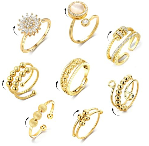 ALONK 8 Stück Anti Stress Ring, Anxiety Ring Gold, Verstellbare Stressring für Damen Herren