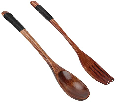 Tnfeeon Ensemble Cuillère-fourchette Japonaise, Ustensiles en Bois de Hêtre avec Poignée en Corde, Bon pour Mélanger et Déguster dans les Cuisines Japonaises et Coréennes