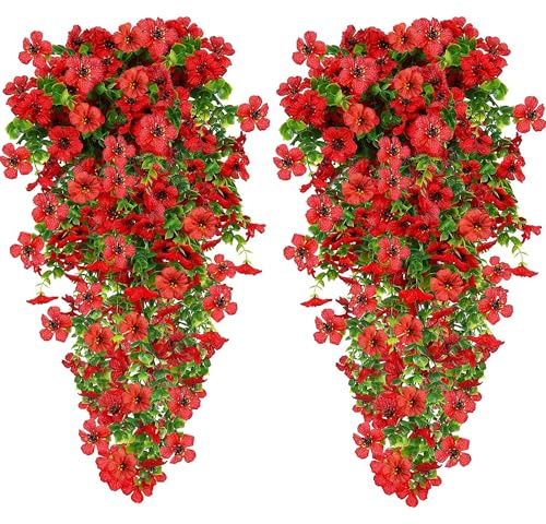 4 Pezzi Fiori Artificiali da Cadente Esterno, Finti Seta Fiori, Finta Pianta Resistenti ai Raggi UV plastica bouquet per Hotel il Giardino Matrimonio Balcone Decorazioni per la Casa-Rosso