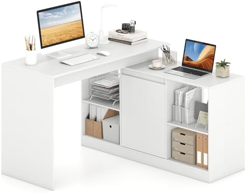 COSTWAY Bureau d'Ordinateur en Forme de L, Bureau d'angle Réversible avec Armoire à 2 Portes et 4 Compartiments, Poste de Travail Moderne pour Bureau, Chambre