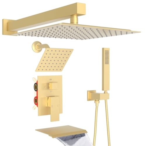 Brass Dual Shower Heads System with Tub Spout, Wall Mount 12 Inch Shower Head with 6 Inch Wall Mount Shower Head Shower Faucet Set, Brushed Gold