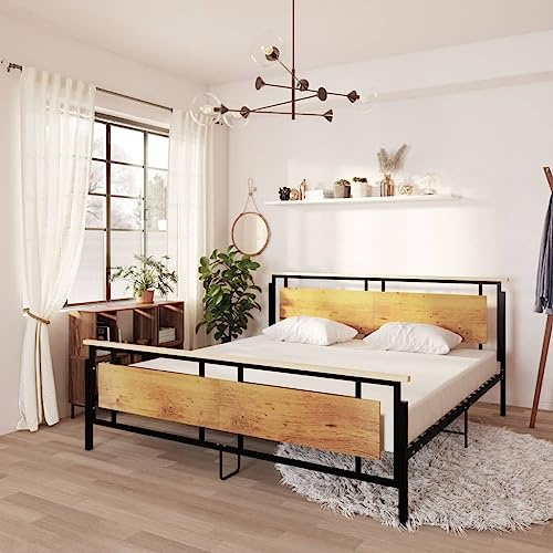 Massbinet Massivholzbett aus hochwertiges Bettgestell Bettrahmen mit Bettkopf Holzbett in Natur geölt geeignet als Doppelbett Futonbett Bett Metall 200x200 cm