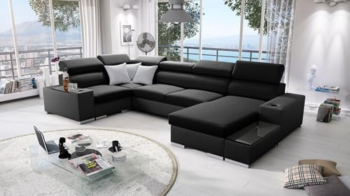 IM SOFA Ecksofa U-Form mit Schlaffunktion und Bettfunktion – große Wohnlandschaft PERS IV MINI (Schwarz Sawana + Schwarzes Kunstleder, Rechts)