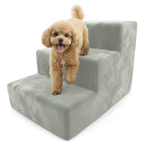 Muralo Hundetreppe 3 Stufen für Kleine Hunde, Katzen, Velvet - Minz | Haustiertreppe 30 cm, rutschfest, Waschbarer Magic Velvet Bezug, Belastbar bis 17 kg, Einstiegshilfe für Bett & Sofa