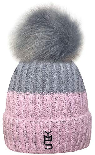 TOSKATOK® Damen Frauen Winter WARM Cosy Zwei TON Beanie Bobble Hut MIT GROSSEN Falten POM POM