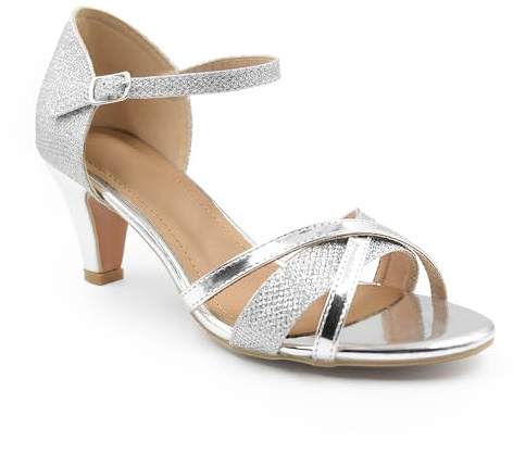 Heelberry Womens Ladies Low Heel Wedding Bridal Silver Sandals Party Strappy Shoes Open Toe