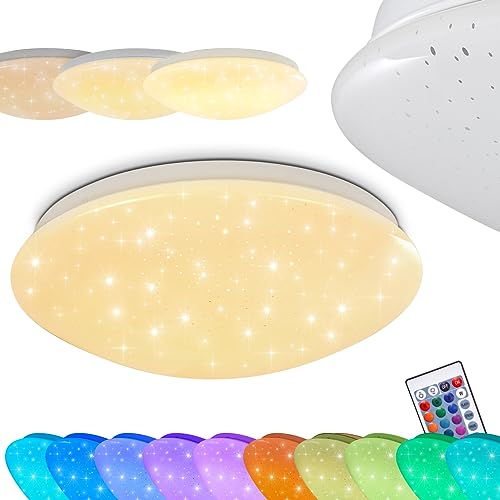 LED Deckenleuchte Norton STAR, runde Deckenlampe mit Glitzer-Effekt, RGB Farbwechsler u. Fernbedienung, 15 Watt, 900 Lumen, 3000 Kelvin, dimmbare Badezimmerlampe m. Sternenhimmeloptik, IP44