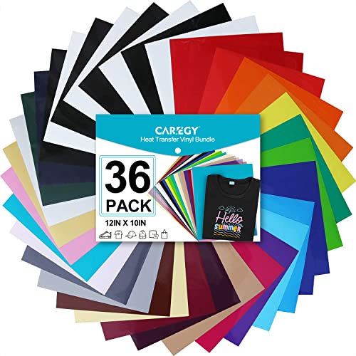 CAREGY - Vinilo de transferencia por calor para camisetas, 30,5 cm x 25,4 cm 36 hojas de vinilo de transferencia térmica para planchar.