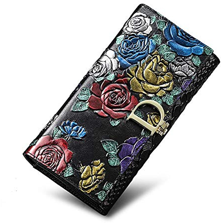 Geldbörse Damen Echtes Leder, Große Vintage Geldbörse mit 3D-stereoskopischem Rosendesign und RFID-Schutz im Inneren