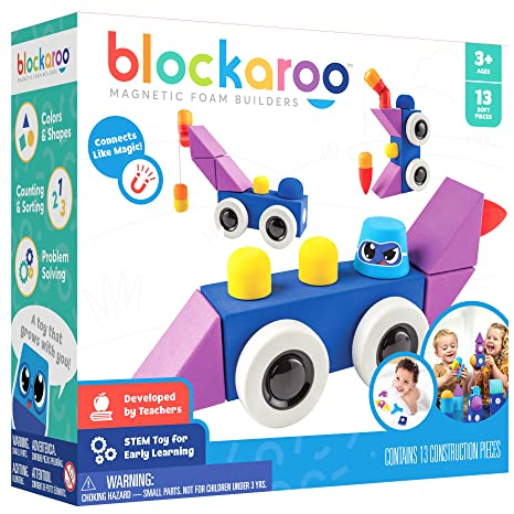 Blockaroo Magnetische Baukloetze als Lernspiel Fuer Kinder, paedagogisches Wasserspielzeug Set Fuer kreative Konstruktionen, optimal Fuer die Bannewanne, Rennwagen Box mit 13 Bausteinen