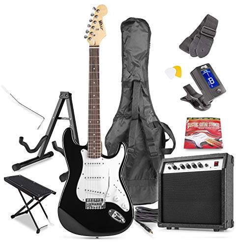 Max Gigkit Black Electric Guitar Starter Pack - Complete Beginner Electric Guitars Kit with Amplifier, Footstand, Guitar Stand & 6 Months Lessons for Aspiring Musicians