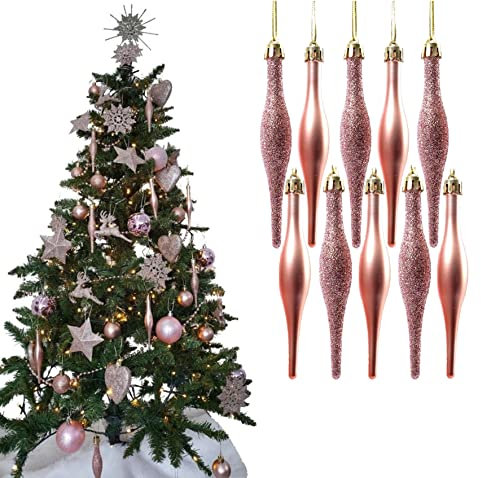Simply Products 10 Droplet Baubles - Great Christmas Tree Decoration, Matte & Glitter Icicle Baubles (Rose Gold Glitter & Matte)