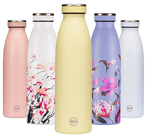 B2DO for GH Bouteille d'eau Isotherme 750ml Iris Jaune | Gourde métallique réutilisable en acier inoxydable à double paroi sous vide |Gourde INOX isotherme de sport | Bouteille isotherme sans BPA