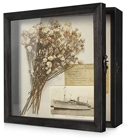 TJ. MOREE Blumen Schatten Box Display Case Large Schattenkasten Rahmen mit Glas Fenster Tür Bilderrahmen Hochzeit Bouquet Memorabilia Medaillen Fotos Speicherbox für Keepsakes - (Rustikal Schwarz, 11
