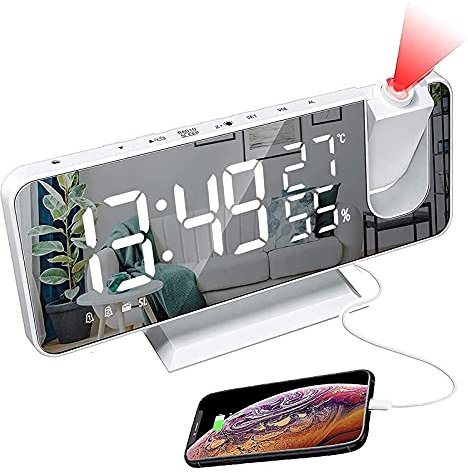 WTL Sveglia Proiezione sveglia digitale con FM. Radio, 7.3. GUIDATO Schermo a specchio Big Digit, 180 ° Proiettore Moderno Specchio Sveglia specchio Sveglia con funzione snooze / 2 suoni di allarme /