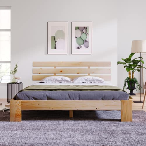 Merax Holzbett Doppelbett mit Kopfteil aus Bettgestell mit Lattenrost - Anzug für 200 x 140 cm Matratze Massivholz Massiv Doppelbett als Ehebett verwendbar, inkl. Rückenlehne (Natur)