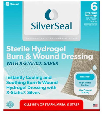 SilverSeal Verbrennungs- und Wundverband, Hydrogel-Pads mit X-Static Silber, beruhigend, feucht und schützend bei Verbrennungen, Schnitten und Wunden, 5,1 x 7,6 cm, sterile Kompressen, 6 Stück