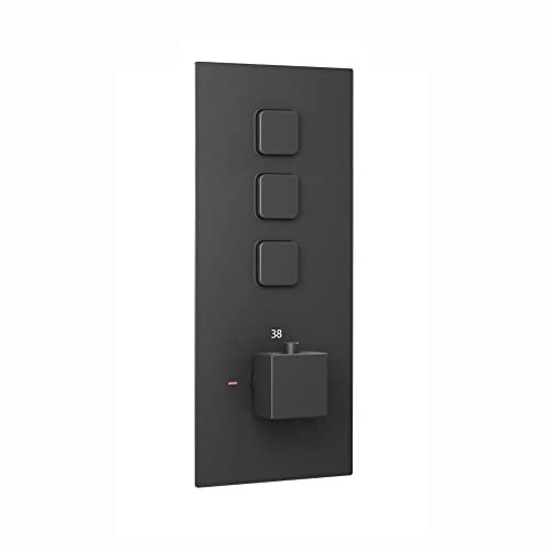 ENKI, Milan, TSV074, Thermostatic Concealed Shower Valve with Push Buttons, Triple Square Taps with Three Outlets, Modern Shower Valve, Black