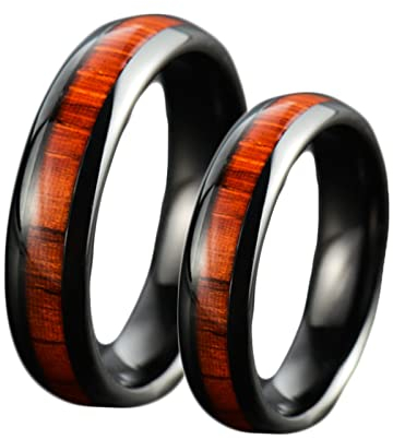 ANAZOZ Ringe Edelstahl Set Herren Damen, Ringe Partnerringe mit Gravur gr.54 und gr 60 Schwarzer Ring Breit 6mm mit Holz