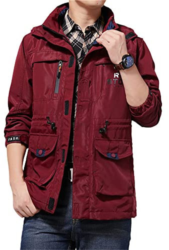 Kapuzenjacke Herren Lose Frühling Übergangsjacke Herren Draussen Bergsteigen Casual Jacke Herren Mehrere Taschen Schnelltrocknend Zip Jacke Herren B-Red 5XL