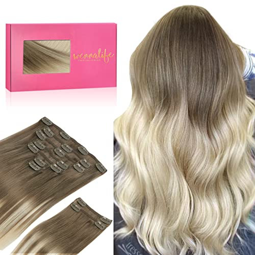 WENNALIFE Extensiones de Clip de Pelo Natural, Rubio Arenoso a Platino 150g 45cm 9 Piezas Extensiones Pelo Natural Remy Cabello Humano Extensiones Pelo Natural Clip Double Weft Extensiones de Clip