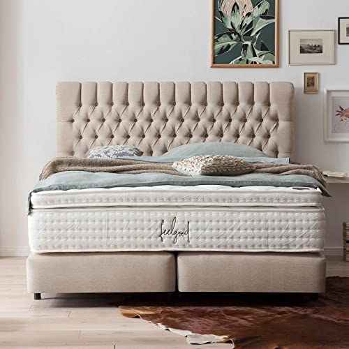 Boxspringbett Chester 180x200 Webstoff, Barock, ohne Visco-Topper, Chesterfield, Hotelbett, ohne Bettkasten, 7 Zonen Taschenfederkern-Matratze, Aufbau KOSTENLOS (Beige, 180x200 cm ohne Topper)
