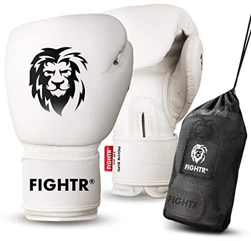 FIGHTR® Profi Boxhandschuhe aus echtem Leder | Männer und Frauen | für Boxen, MMA, Muay Thai, Kickboxen & Kampfsport 10 12 14 16 oz | inkl. Tragetasche (Off White, 16 oz)