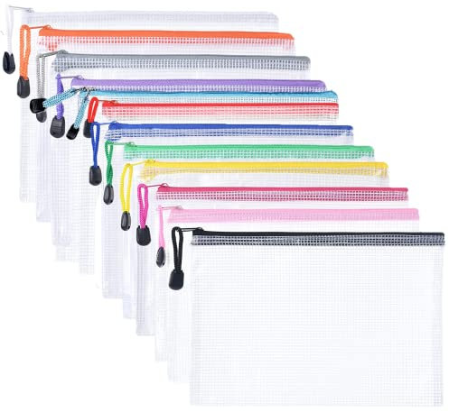 AMZJIMTOP Plastic Wallets - 12 Pcs Zip Lock Bags Plastic Folders Document Wallets, A4 Zip Wallets Plastic Zipper Bag Document Folder, 12 Colours Plastic Pockets for School, Office, Home