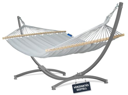 Potenza Outdoor Hängematte mit Verzinkter Gestell für 2 Personen I 100% Baumwolle Merida Doppelhängematte XXL 215x160, 200kg I Stabhängemattengestell 220kg, wetterfest