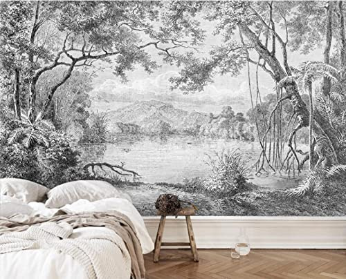 Papier Peint Panoramique Forêt Noire Et Blanche Dessinée À La Main Jungle Papier Peint Intissé 3D Tapisserie Poster Decoration Murale Chambre Salon