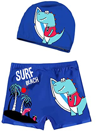 PAEHUIMT Maillot de Bain Enfant Garçon, Motif de Dessin Animé Short, Tissu Bonnet de Bain (FR/ES, Âge, 5 Ans, 6 Ans, Taille Normale, Bleu foncé)