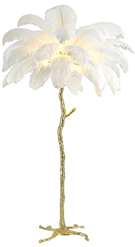 LDIEUWUET Feder Stehlampe hohe, modernes Wohnzimmer Feder Stehleuchte Lampe natürlicher Straußenfedern Lampenschirm, LED Leselampe, Gold Bodenbeleuchtung für Wohnzimmer, Schlafzimmer, Ecke, Sofa