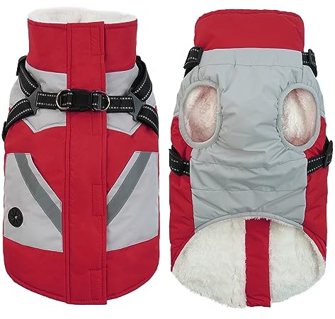 IECOii Hundemantel mit Geschirr, Wasserdicht & Warm, Rot XS | Integriertes Geschirr für bequeme Spaziergänge, wasserdichtes Außenmaterial & dickes Fleecefutter für warme Wintertage
