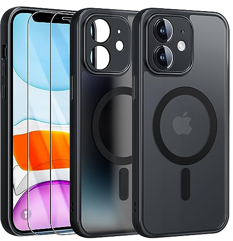 FLLAO Magnétique Coque pour iPhone 11 avec 2 Verre Trempé, Compatible avec MagSafe, Protection d'objectif Tout Compris, Etui Translucide Mat Arrière Housse Fine Antichoc Case, Noir