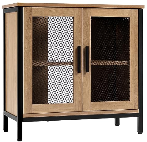 eSituro Armario Baño con Lavabo, 2 Estantes y Puerta Ventilada de Malla Metalica, Estilo Industrial y Pies Ajustables, Roble Claro+Negro, 60x30x60 cm