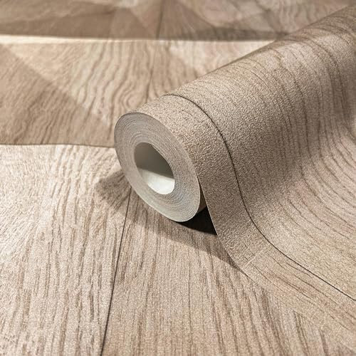 Papier peint beige marron imitation bois naturel GZSZ pour le salon ou la chambre Made in Germany 10,05 x 0,53m