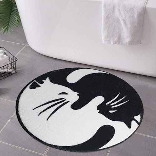 Zoeeya Badematte mit schwarz-weißer Katze – Gothic-Badematte, Gothic-Badezimmer-Dekor – weicher runder Yin-Yang-Teppich für Badezimmer, wasserabsorbierende Badematte, Gothic-Badematte für Dusche,