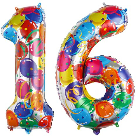 Ponmoo 40 Zoll Foil Luftballon Zahlen 16/61 Mehrfarbig (101cm), Aufblasbares Helium oder Luft, Riesige Folienballons Nummer 0-100, Große Ballones für Hochzeitstag und Geburtstag Party Dekoration