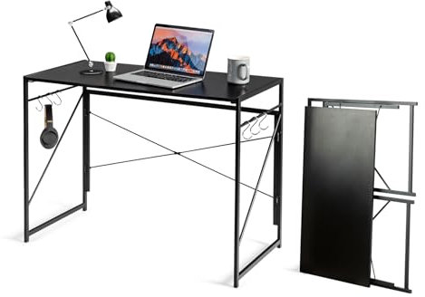 GIANTEX Scrivania pieghevole, scrivania pieghevole per computer, con telaio in metallo e 6 ganci rimovibili, tavolo da lavoro industriale, 100 x 50 x 75 cm, capacità di carico 115 kg (nero)