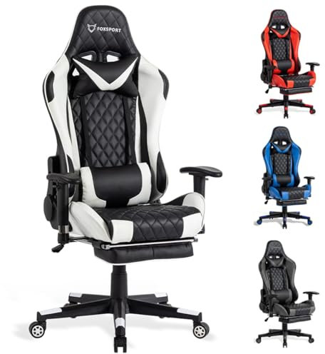 FOXSPORT Ergonomischer Gaming-Stuhl vollständig verstellbar mit Armlehne, Fußstütze, Kopfstütze, Rückenlehne und Kissen – Neigungsfunktion – ultimativer Komfort für Gamer und Büroangestellte.