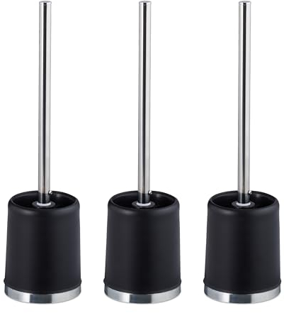 Relaxdays Klobürste mit Halter, 3er Set, Abnehmbarer Bürstenkopf, Ø 7 cm, mit Klobürstenhalter, Toilettenbürste, schwarz