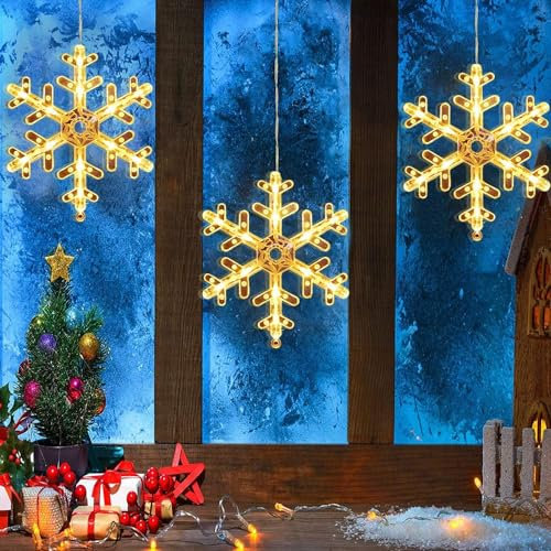 Christmas Star Window Lights - Pack of 3 LED Hanging Lights with Suction Cups, Battery Operated Decorations for Indoor/Outdoor Xmas Party (Snowflake)