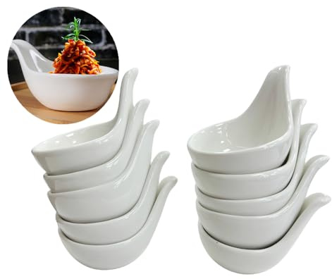 10 Packs White Soy Sauce Dishes with Handle,2oz Ramekins Porcelain Pinch Bowls,Small Dip Bowls Set,Dipping Bowls Appetizer Ketchup BBQ Sushi Condiments Serving Bowl Set-Stackable (Spoon Shaped)