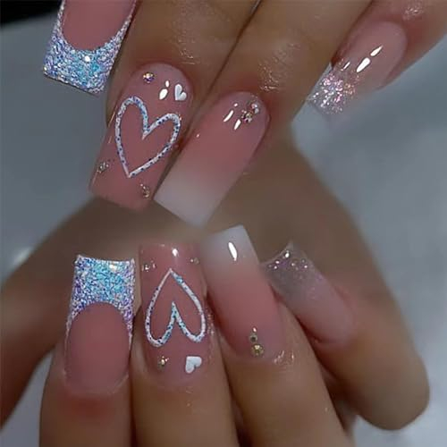 24pcs Medium Square False Nails French Tip, Glitter Blue Heart Stick on Nails Pink Ombre Rhinestone Press on Nails Removable Glue-on Nails Full Cover Fake Nails Women Girls Nail Art Accessories