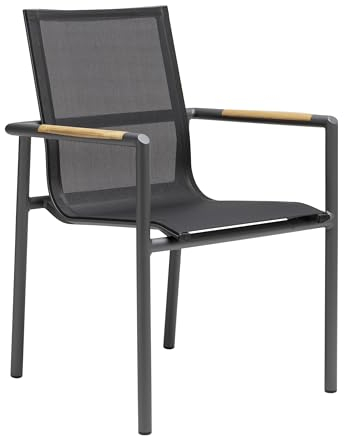 Dehner Stapelstuhl Brooklyn, mit Armlehne, ca. 88.5 x 59 x 64.5 cm, Aluminium/Textilene/FSC®-zertifiziertes Teakholz, schwarz/braun