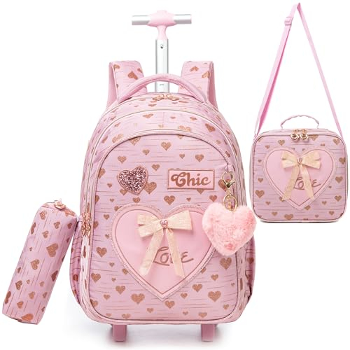 HTgroce Schulranzen mit Rollen für Mädchen, Kinderrucksack mit Rollen Trolley Rolling Backpack Rucksack Trolley Handgepäck