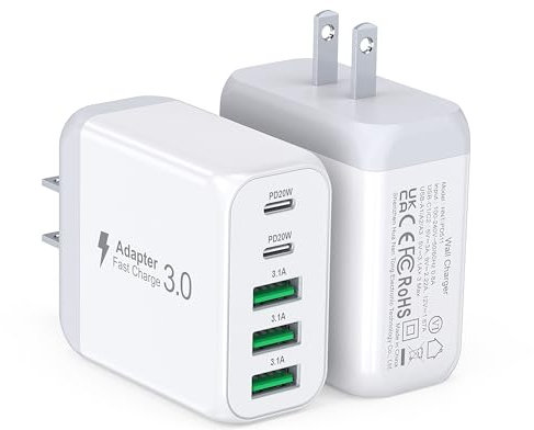 USB C Wall Charger Block, 2Pack 50W 5-Port C Charger Fast Charging Block PD Power Adapter +QC 3.0 Multiport Type C Box Brick Cube USB A Wall Plug for iPhone 16/15/14 Pro Max Plus, iPad,Samsung Galaxy