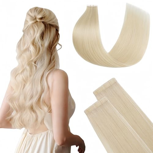 FUOTONBUTY Tape Extensions Echthaar Doppelt Genäht, Platinblond Tape in Extensions Echthaar, 20 Stück 40g Invisible Tape Extensions, Tape on Extension Echthaar 35cm
